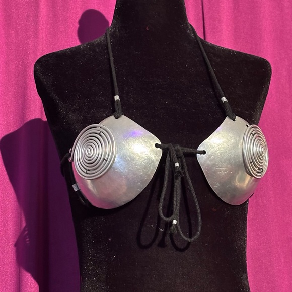 Silver Metal Disc Bikini Top with Tie Straps - Women Cyberpunk - Picture 4 of 10